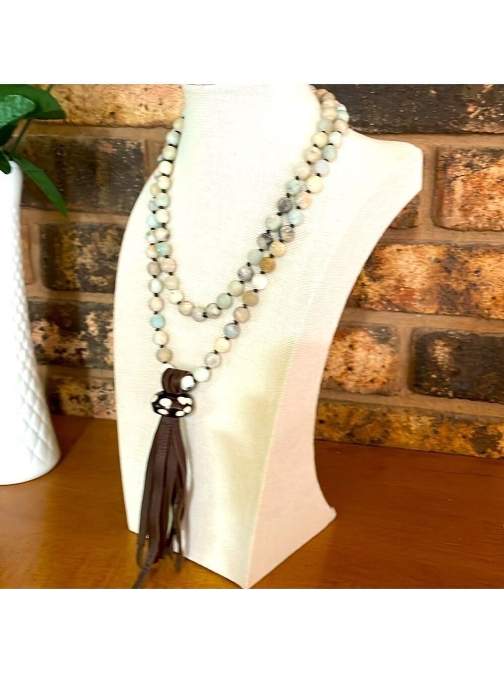 Matte Amazonite Bead Necklace & Leather Tassel Necklace Hand Tied